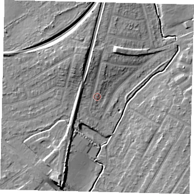 Shaded relief map of the ground around KT48BT, computed from Environment Agency LiDAR. The ground here sits at about 21 m above sea level and falls 10 m across the surrounding 800 m. Surface water reaching this point runs off ground lying to the north, 3.9 m higher.