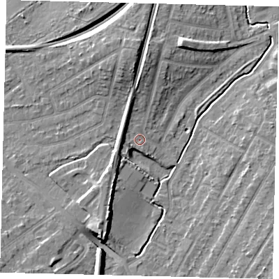 Shaded relief map of the ground around KT48BU, computed from Environment Agency LiDAR. The ground here sits at about 21 m above sea level and falls 9 m across the surrounding 800 m. Surface water reaching this point runs off ground lying to the north, 4.6 m higher.