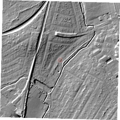 Shaded relief map of the ground around KT48DG, computed from Environment Agency LiDAR. The ground here sits at about 19 m above sea level and falls 10 m across the surrounding 800 m. Surface water reaching this point runs off ground lying to the west, 2.7 m higher.