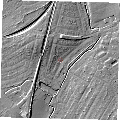 Shaded relief map of the ground around KT48DH, computed from Environment Agency LiDAR. The ground here sits at about 20 m above sea level and falls 10 m across the surrounding 800 m. Surface water reaching this point runs off ground lying to the west, 2.5 m higher.