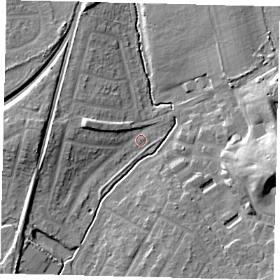 Shaded relief map of the ground around KT48DQ, computed from Environment Agency LiDAR. The ground here sits at about 19 m above sea level and falls 17 m across the surrounding 800 m. Surface water reaching this point runs off ground lying to the east-south-east, 15.5 m higher.