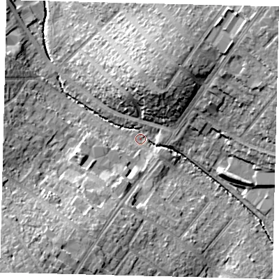 Shaded relief map of the ground around KT48FR, computed from Environment Agency LiDAR. The ground here sits at about 22 m above sea level and falls 22 m across the surrounding 800 m. Surface water reaching this point runs off ground lying to the north-east, 19.4 m higher.
