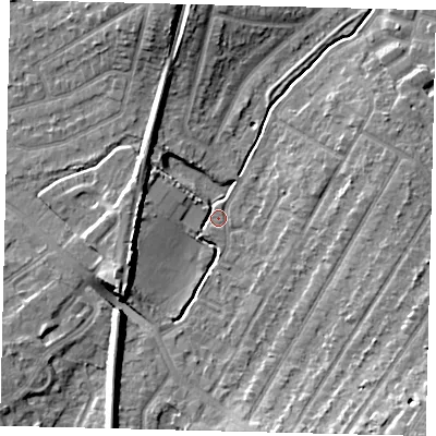 Shaded relief map of the ground around KT48GA, computed from Environment Agency LiDAR. The ground here sits at about 20 m above sea level and falls 12 m across the surrounding 800 m. Surface water reaching this point runs off ground lying to the south-east, 10.3 m higher.