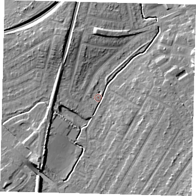 Shaded relief map of the ground around KT48GD, computed from Environment Agency LiDAR. The ground here sits at about 19 m above sea level and falls 10 m across the surrounding 800 m. Surface water reaching this point runs off ground lying to the south-west, 8.0 m higher.
