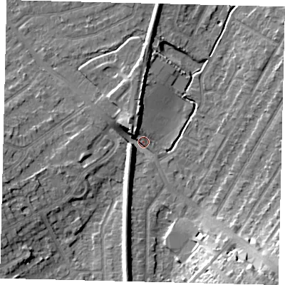 Shaded relief map of the ground around KT48HG, computed from Environment Agency LiDAR. The ground here sits at about 22 m above sea level and falls 19 m across the surrounding 800 m. Surface water reaching this point runs off ground lying to the west-south-west, 10.1 m higher.