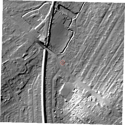 Shaded relief map of the ground around KT48HQ, computed from Environment Agency LiDAR. The ground here sits at about 21 m above sea level and falls 20 m across the surrounding 800 m. Surface water reaching this point runs off ground lying to the south-east, 17.0 m higher.