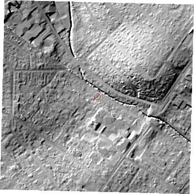 Shaded relief map of the ground around KT48PU, computed from Environment Agency LiDAR. The ground here sits at about 21 m above sea level and falls 20 m across the surrounding 800 m. Surface water reaching this point runs off ground lying to the south-south-west, 18.1 m higher.