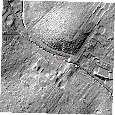 Shaded relief map of the ground around KT48PX, computed from Environment Agency LiDAR. The ground here sits at about 22 m above sea level and falls 22 m across the surrounding 800 m. Surface water reaching this point runs off ground lying to the south-south-west, 13.9 m higher.