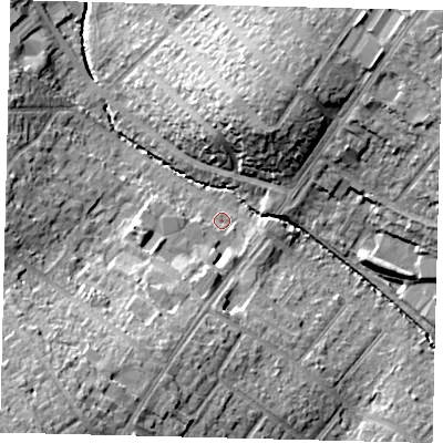 Shaded relief map of the ground around KT48PY, computed from Environment Agency LiDAR. The ground here sits at about 22 m above sea level and falls 22 m across the surrounding 800 m. Surface water reaching this point runs off ground lying to the south-west, 15.1 m higher.