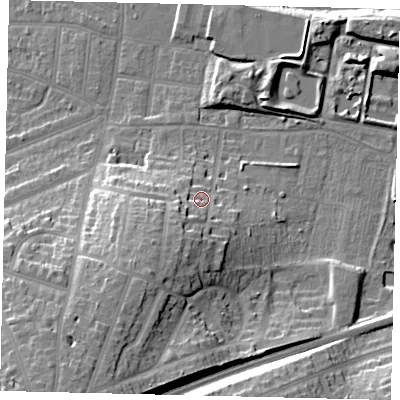 Shaded relief map of the ground around KT58DJ, computed from Environment Agency LiDAR. The ground here sits at about 19 m above sea level and falls 24 m across the surrounding 800 m. Surface water reaching this point runs off ground lying to the south-south-west, 10.7 m higher.