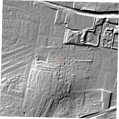 Shaded relief map of the ground around KT58DL, computed from Environment Agency LiDAR. The ground here sits at about 15 m above sea level and falls 23 m across the surrounding 800 m. Surface water reaching this point runs off ground lying to the south-south-west, 15.1 m higher.