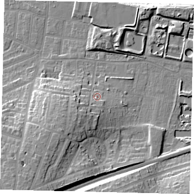 Shaded relief map of the ground around KT58DW, computed from Environment Agency LiDAR. The ground here sits at about 18 m above sea level and falls 24 m across the surrounding 800 m. Surface water reaching this point runs off ground lying to the south-west, 10.5 m higher.