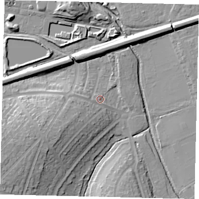 Shaded relief map of the ground around KT58EN, computed from Environment Agency LiDAR. The ground here sits at about 17 m above sea level and falls 20 m across the surrounding 800 m. Surface water reaching this point runs off ground lying to the west-south-west, 11.7 m higher.