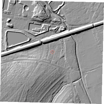 Shaded relief map of the ground around KT58HR, computed from Environment Agency LiDAR. The ground here sits at about 14 m above sea level and falls 21 m across the surrounding 800 m. Surface water reaching this point runs off ground lying to the south-west, 13.6 m higher.