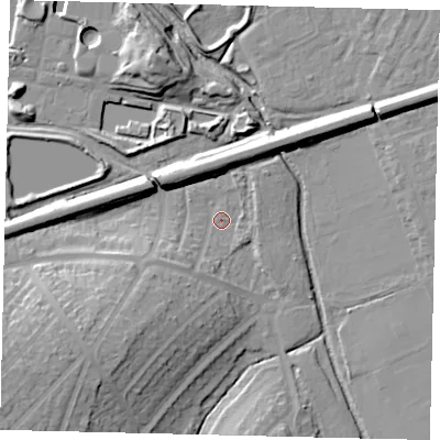 Shaded relief map of the ground around KT58HS, computed from Environment Agency LiDAR. The ground here sits at about 14 m above sea level and falls 20 m across the surrounding 800 m. Surface water reaching this point runs off ground lying to the south-west, 13.9 m higher.
