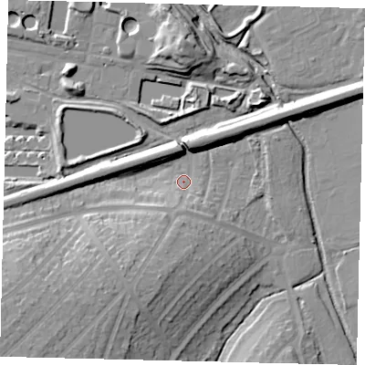Shaded relief map of the ground around KT58LS, computed from Environment Agency LiDAR. The ground here sits at about 15 m above sea level and falls 21 m across the surrounding 800 m. Surface water reaching this point runs off ground lying to the south-south-west, 7.7 m higher.