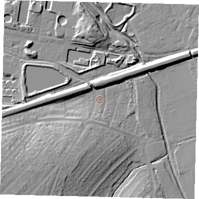 Shaded relief map of the ground around KT58LY, computed from Environment Agency LiDAR. The ground here sits at about 14 m above sea level and falls 21 m across the surrounding 800 m. Surface water reaching this point runs off ground lying to the south-south-west, 13.9 m higher.