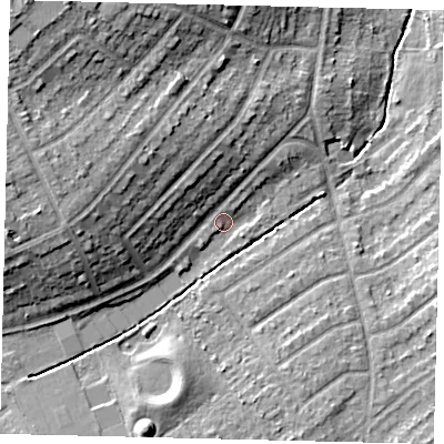 Shaded relief map of the ground around KT59AF, computed from Environment Agency LiDAR. The ground here sits at about 19 m above sea level and falls 19 m across the surrounding 800 m. Surface water reaching this point runs off ground lying to the west, 11.2 m higher.