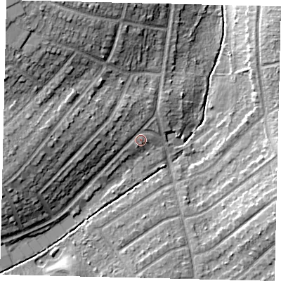 Shaded relief map of the ground around KT59AG, computed from Environment Agency LiDAR. The ground here sits at about 20 m above sea level and falls 19 m across the surrounding 800 m. Surface water reaching this point runs off ground lying to the north-west, 2.9 m higher.