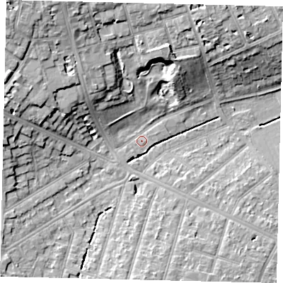 Shaded relief map of the ground around KT59AJ, computed from Environment Agency LiDAR. The ground here sits at about 23 m above sea level and falls 17 m across the surrounding 800 m. Surface water reaching this point runs off ground lying to the north-west, 14.8 m higher.