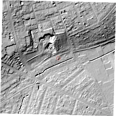 Shaded relief map of the ground around KT59AL, computed from Environment Agency LiDAR. The ground here sits at about 23 m above sea level and falls 17 m across the surrounding 800 m. Surface water reaching this point runs off ground lying to the north-west, 14.6 m higher.