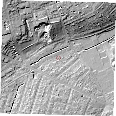 Shaded relief map of the ground around KT59AP, computed from Environment Agency LiDAR. The ground here sits at about 22 m above sea level and falls 16 m across the surrounding 800 m. Surface water reaching this point runs off ground lying to the south-south-west, 5.9 m higher.