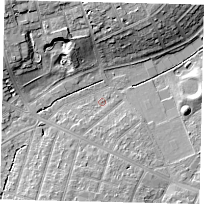 Shaded relief map of the ground around KT59AS, computed from Environment Agency LiDAR. The ground here sits at about 22 m above sea level and falls 15 m across the surrounding 800 m. Surface water reaching this point runs off ground lying to the south-south-west, 1.8 m higher.