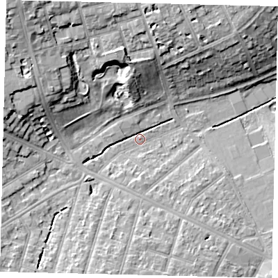 Shaded relief map of the ground around KT59AW, computed from Environment Agency LiDAR. The ground here sits at about 22 m above sea level and falls 16 m across the surrounding 800 m. Surface water reaching this point runs off ground lying to the south-south-west, 5.6 m higher.