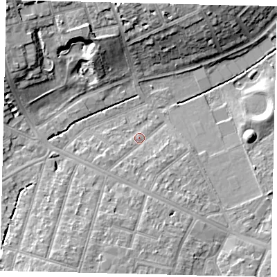 Shaded relief map of the ground around KT59AZ, computed from Environment Agency LiDAR. The ground here sits at about 23 m above sea level and falls 15 m across the surrounding 800 m. Surface water reaching this point runs off ground lying to the south, 2.4 m higher.
