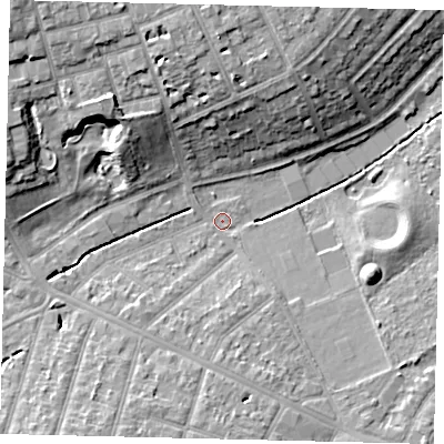 Shaded relief map of the ground around KT59BE, computed from Environment Agency LiDAR. The ground here sits at about 21 m above sea level and falls 16 m across the surrounding 800 m. Surface water reaching this point runs off ground lying to the north-west, 13.0 m higher.
