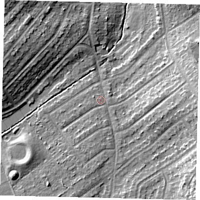 Shaded relief map of the ground around KT59BP, computed from Environment Agency LiDAR. The ground here sits at about 19 m above sea level and falls 14 m across the surrounding 800 m. Surface water reaching this point runs off ground lying to the south-east, 9.6 m higher.