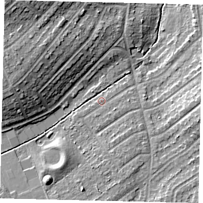 Shaded relief map of the ground around KT59BZ, computed from Environment Agency LiDAR. The ground here sits at about 19 m above sea level and falls 16 m across the surrounding 800 m. Surface water reaching this point runs off ground lying to the south-south-west, 6.5 m higher.