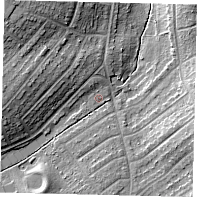 Shaded relief map of the ground around KT59DA, computed from Environment Agency LiDAR. The ground here sits at about 19 m above sea level and falls 18 m across the surrounding 800 m. Surface water reaching this point runs off ground lying to the north-north-west, 2.4 m higher.