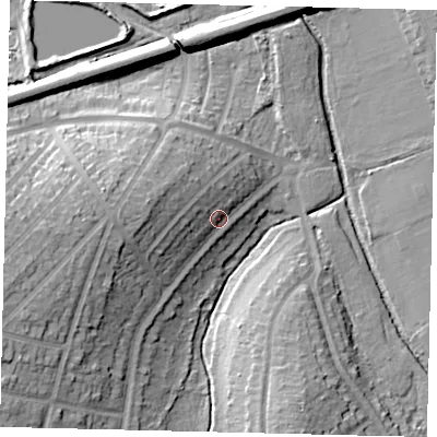 Shaded relief map of the ground around KT59DF, computed from Environment Agency LiDAR. The ground here sits at about 19 m above sea level and falls 19 m across the surrounding 800 m. Surface water reaching this point runs off ground lying to the west-south-west, 11.0 m higher.