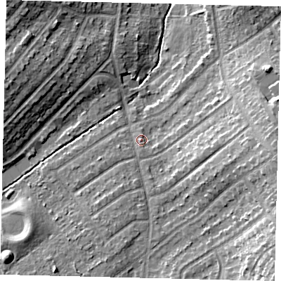 Shaded relief map of the ground around KT59DZ, computed from Environment Agency LiDAR. The ground here sits at about 20 m above sea level and falls 16 m across the surrounding 800 m. Surface water reaching this point runs off ground lying to the south-east, 11.4 m higher.
