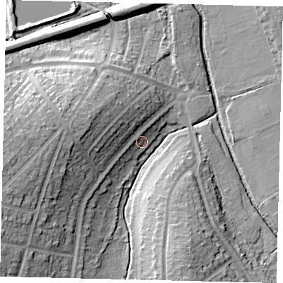 Shaded relief map of the ground around KT59EF, computed from Environment Agency LiDAR. The ground here sits at about 16 m above sea level and falls 19 m across the surrounding 800 m. Surface water reaching this point runs off ground lying to the west, 10.7 m higher.