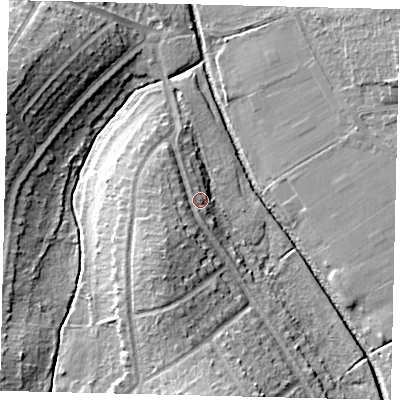 Shaded relief map of the ground around KT59HF, computed from Environment Agency LiDAR. The ground here sits at about 18 m above sea level and falls 15 m across the surrounding 800 m. Surface water reaching this point runs off ground lying to the south-west, 6.1 m higher.
