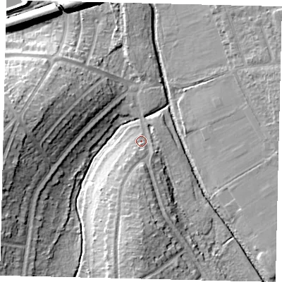 Shaded relief map of the ground around KT59HG, computed from Environment Agency LiDAR. The ground here sits at about 15 m above sea level and falls 17 m across the surrounding 800 m. Surface water reaching this point runs off ground lying to the south, 10.6 m higher.