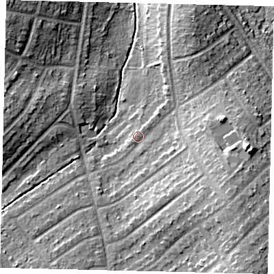 Shaded relief map of the ground around KT59HP, computed from Environment Agency LiDAR. The ground here sits at about 19 m above sea level and falls 16 m across the surrounding 800 m. Surface water reaching this point runs off ground lying to the east-south-east, 9.2 m higher.