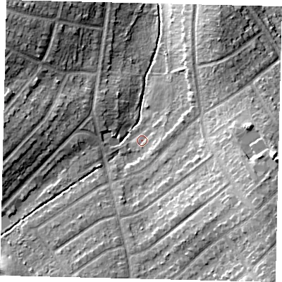 Shaded relief map of the ground around KT59HQ, computed from Environment Agency LiDAR. The ground here sits at about 17 m above sea level and falls 16 m across the surrounding 800 m. Surface water reaching this point runs off ground lying to the east-south-east, 12.1 m higher.