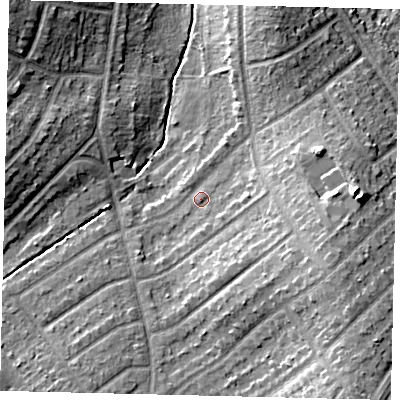 Shaded relief map of the ground around KT59HR, computed from Environment Agency LiDAR. The ground here sits at about 19 m above sea level and falls 17 m across the surrounding 800 m. Surface water reaching this point runs off ground lying to the east-south-east, 9.2 m higher.