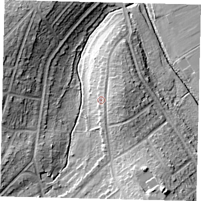 Shaded relief map of the ground around KT59HY, computed from Environment Agency LiDAR. The ground here sits at about 21 m above sea level and falls 18 m across the surrounding 800 m. Surface water reaching this point runs off ground lying to the east, 3.3 m higher.