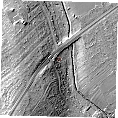 Shaded relief map of the ground around KT59NA, computed from Environment Agency LiDAR. The ground here sits at about 17 m above sea level and falls 19 m across the surrounding 800 m. Surface water reaching this point runs off ground lying to the south-west, 14.5 m higher.