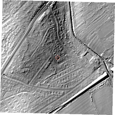 Shaded relief map of the ground around KT59NH, computed from Environment Agency LiDAR. The ground here sits at about 22 m above sea level and falls 19 m across the surrounding 800 m. Surface water reaching this point runs off ground lying to the north-west, 7.5 m higher.