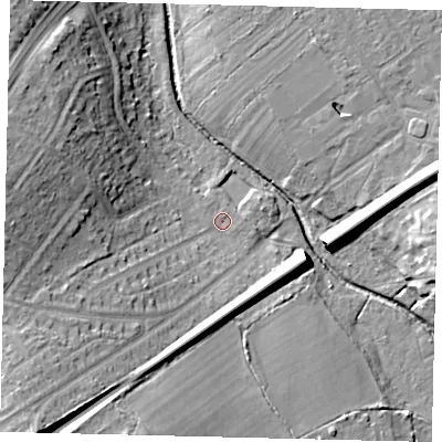 Shaded relief map of the ground around KT59PL, computed from Environment Agency LiDAR. The ground here sits at about 16 m above sea level and falls 20 m across the surrounding 800 m. Surface water reaching this point runs off ground lying to the south-west, 16.1 m higher.