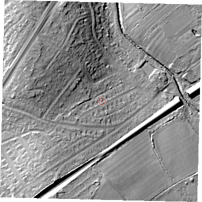 Shaded relief map of the ground around KT59PN, computed from Environment Agency LiDAR. The ground here sits at about 21 m above sea level and falls 21 m across the surrounding 800 m. Surface water reaching this point runs off ground lying to the west-south-west, 8.0 m higher.