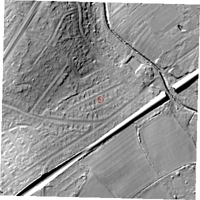 Shaded relief map of the ground around KT59PW, computed from Environment Agency LiDAR. The ground here sits at about 20 m above sea level and falls 21 m across the surrounding 800 m. Surface water reaching this point runs off ground lying to the south-west, 12.9 m higher.