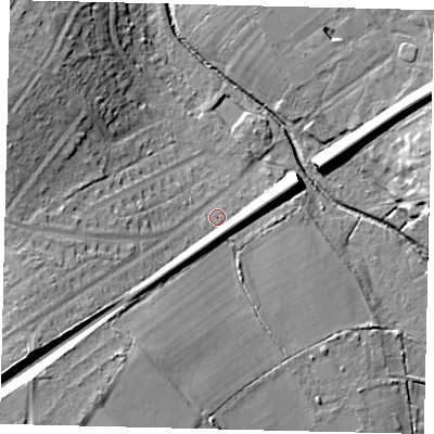 Shaded relief map of the ground around KT59QN, computed from Environment Agency LiDAR. The ground here sits at about 19 m above sea level and falls 21 m across the surrounding 800 m. Surface water reaching this point runs off ground lying to the south-west, 14.4 m higher.
