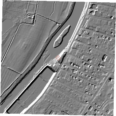 Shaded relief map of the ground around KT64HH, computed from Environment Agency LiDAR. The ground here sits at about 6 m above sea level and falls 13 m across the surrounding 800 m. Surface water reaching this point runs off ground lying to the south-south-east, 6.1 m higher.