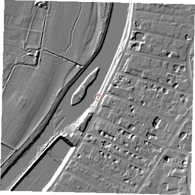Shaded relief map of the ground around KT64HL, computed from Environment Agency LiDAR. The ground here sits at about 6 m above sea level and falls 14 m across the surrounding 800 m. Surface water reaching this point runs off ground lying to the south-east, 11.3 m higher.